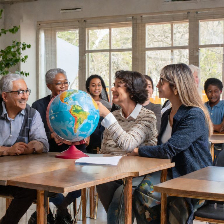 Diverse group around the map