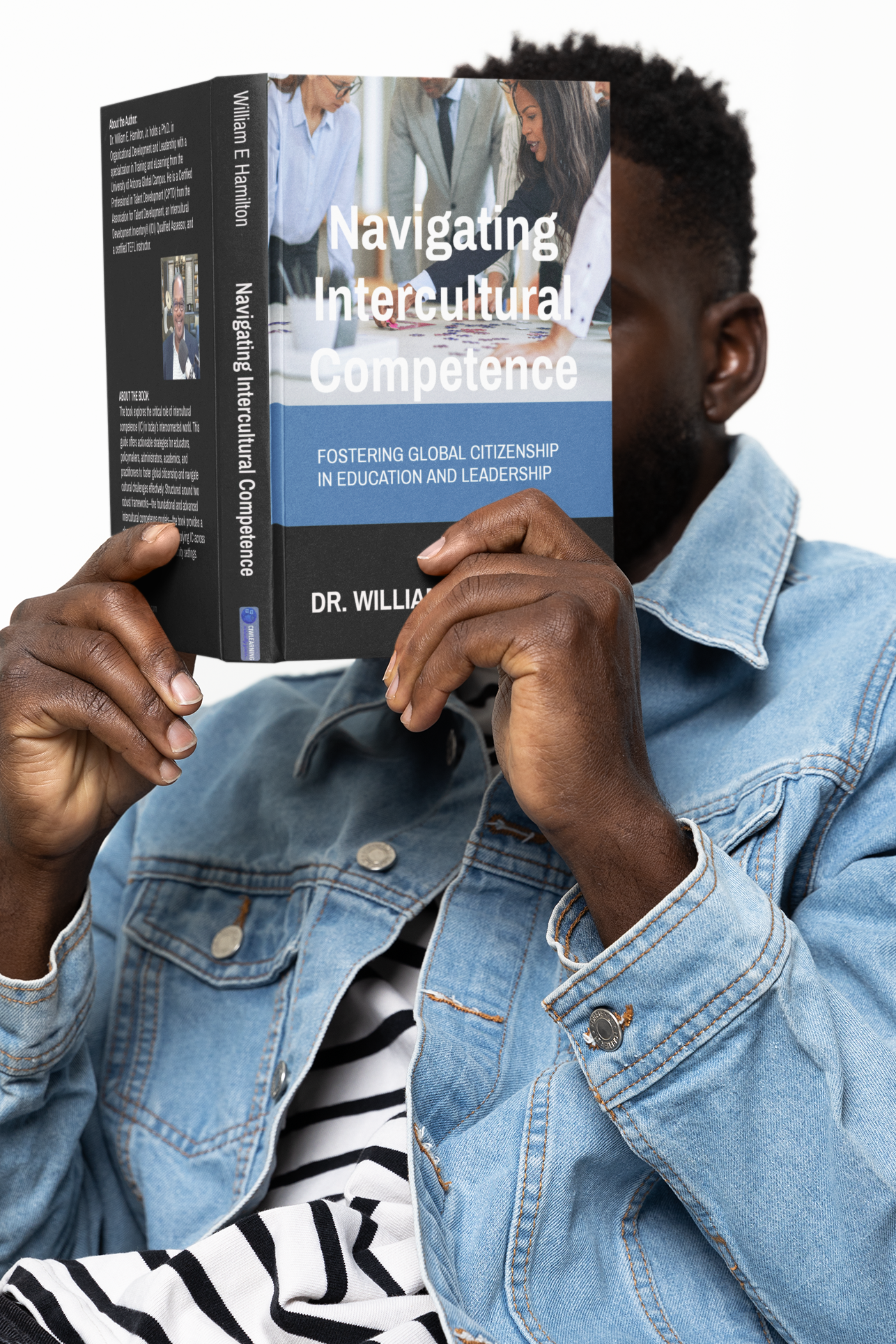 Hardcover book mockup featuring a man in a denim jacket covering his face m40283