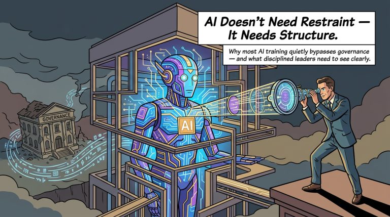 A blue AI system with circuit-like patterns beside a governance building concept, with the headline “AI Doesn’t Need Restraint — It Needs Structure.”