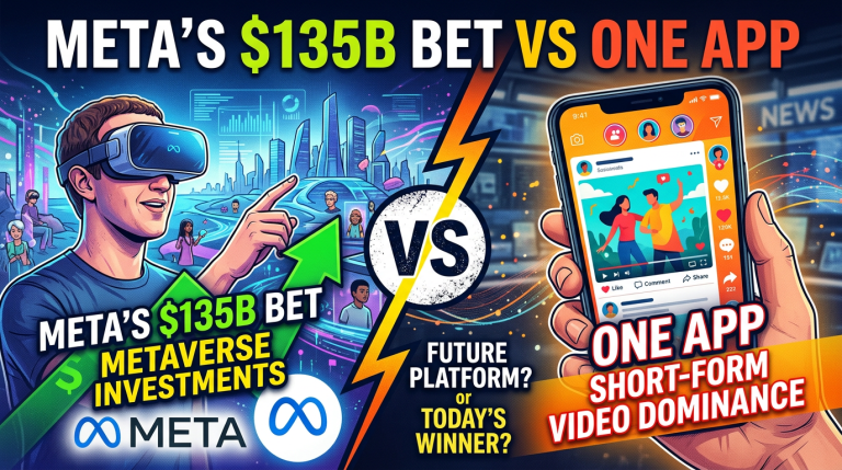 Illustration contrasting Meta's $135 billion metaverse investment with one app's short-form video dominance