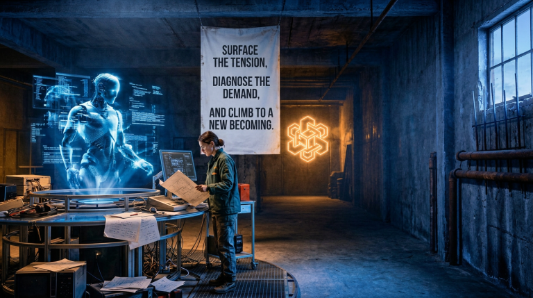 A technician studies blueprints beside a holographic figure, while a banner says Surface the tension, diagnose the demand, and climb to becoming now.