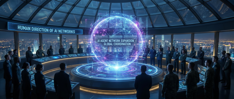 Executives gather around a glowing holographic globe beneath the words “Human Direction of AI Networks” and “Agent Network Orchestration & Global Coordination.”