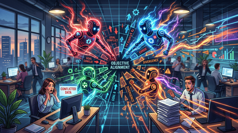 Office workers stressed by conflicting AI robots causing data alignment errors