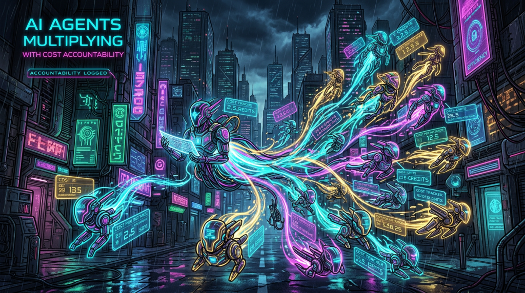 Central robotic AI splits into multiple smaller agents with cost and efficiency data in neon