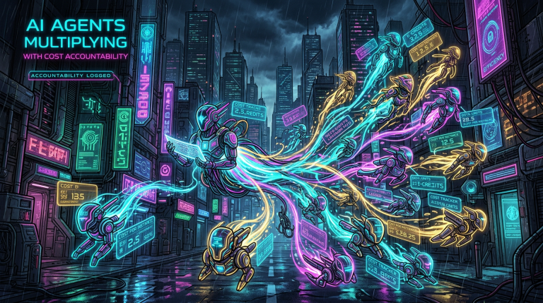 Central robotic AI splits into multiple smaller agents with cost and efficiency data in neon