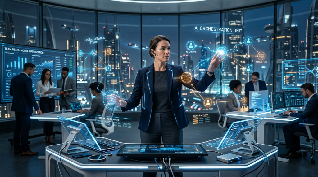 Person controlling AI orchestration with interactive holographic displays in modern office