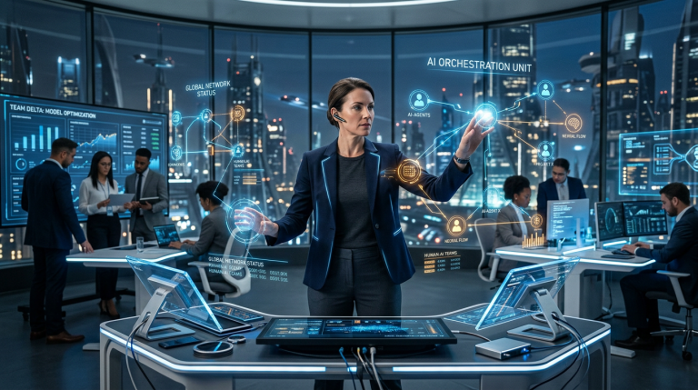 Person controlling AI orchestration with interactive holographic displays in modern office