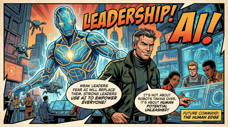 Futuristic leaders and AI robot with speech bubbles about empowerment and human potential