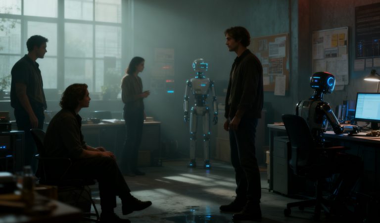 In a dim AI workspace, a small team and humanoid robots gather around monitors, echoing Dr. Bill Thought Capital Vol. 14 and output requirements.