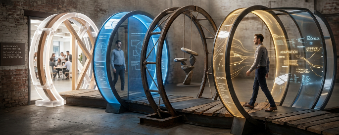 A man walks through glowing circular passageways in an industrial hall, with a meeting room and stacked stones behind him.