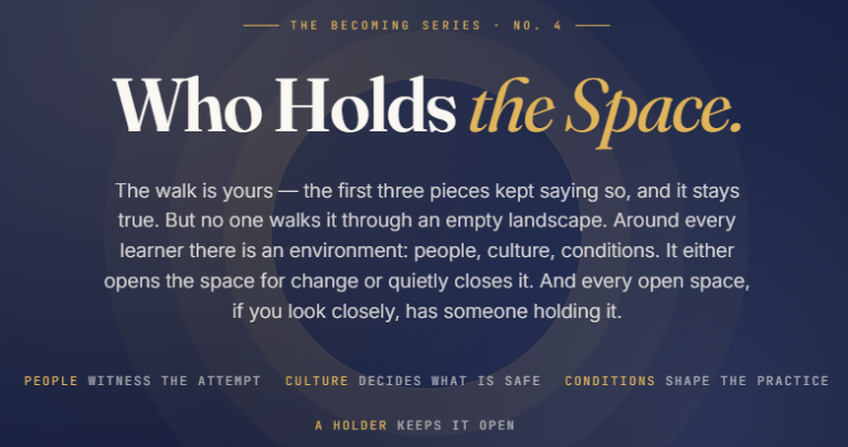 The Becoming Series No. 4 title card presents Who Holds the Space with text on people, culture, and conditions.