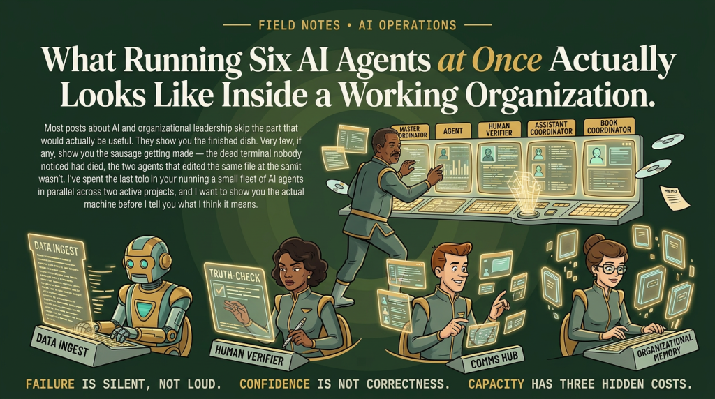 Illustration of a multi-agent operation: a coordinator works a master board of agent role panels — Master Coordinator, Agent, Human Verifier, Assistant Coordinator, Book Coordinator — while others staff data ingest, truth-check, communications, and organizational memory stations.