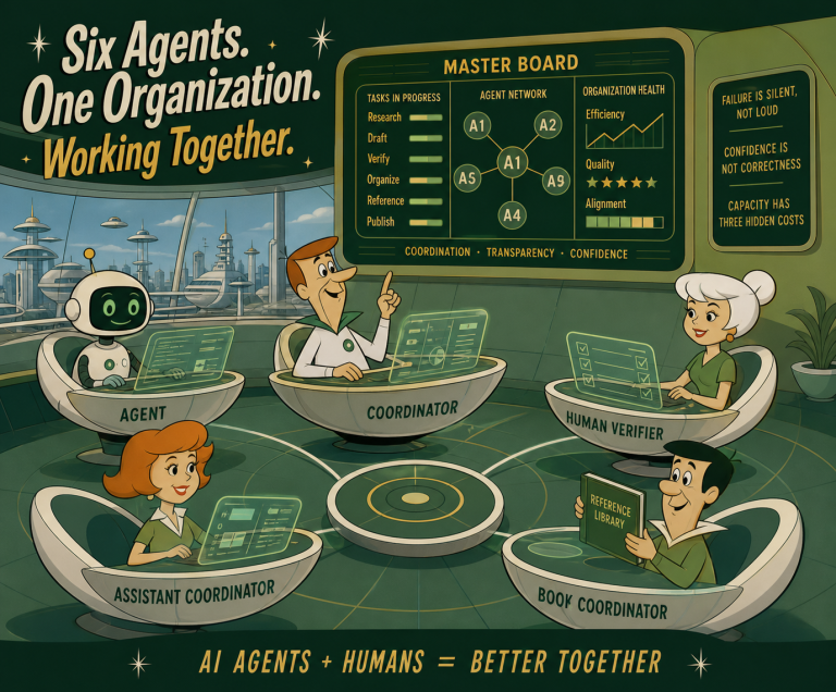 A robot and human coordinators manage six AI agent roles around a master board for shared work and verification.