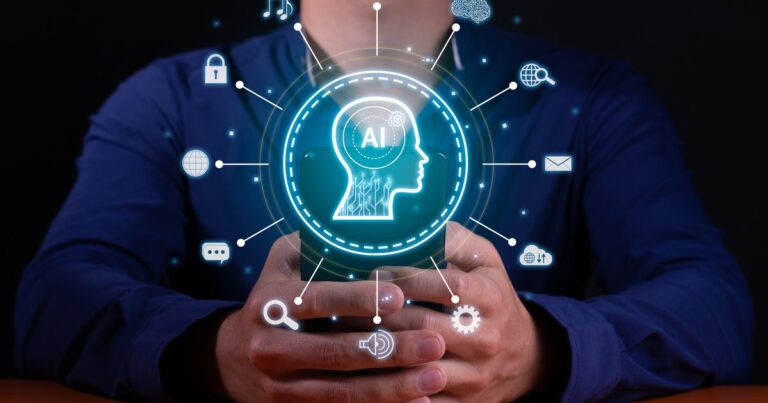 A person holding a glowing AI interface surrounded by connected icons
