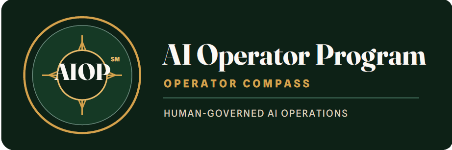 A circular compass emblem accompanies the words “AI Operator Program,” “Operator Compass,” and “Human-Governed AI Operations.”